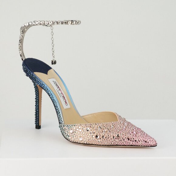 Jimmy Choo Saeda 100 Crystal-Embellished Satin Pumps, Sunrise Mix, EU 38.5/US 8. - Picture 1 of 15